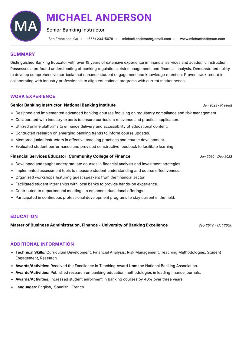 Banking Educator resume example
