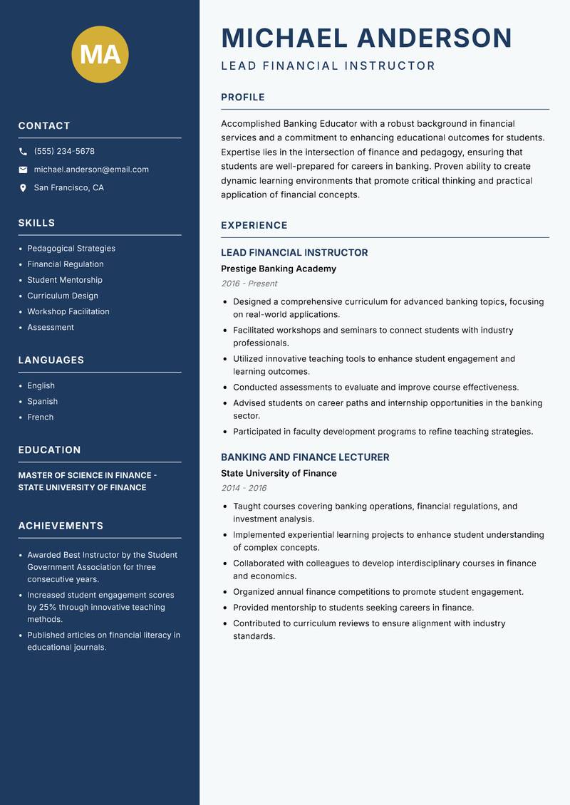 Banking Educator resume sample — Lead Financial Instructor focus