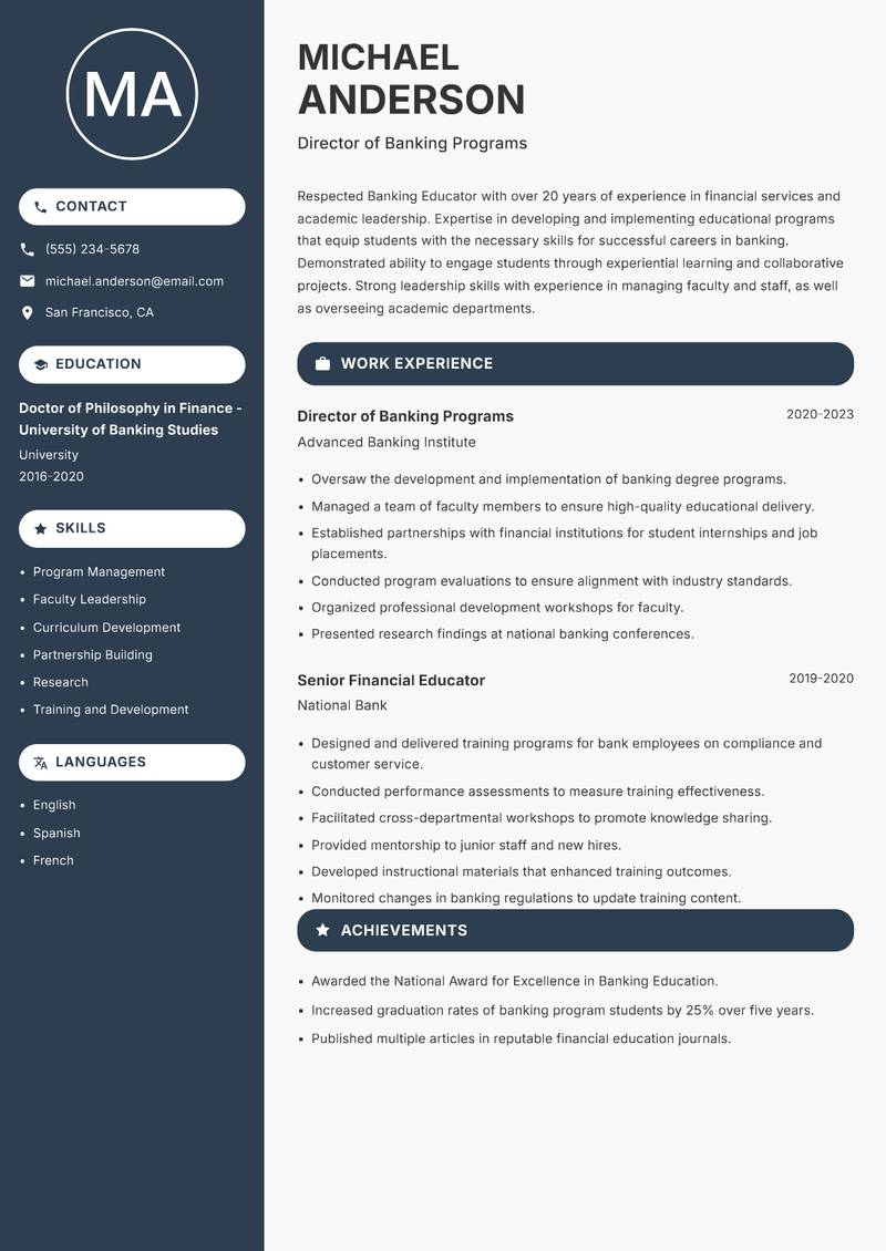 Banking Educator resume sample — Director of Banking Programs focus