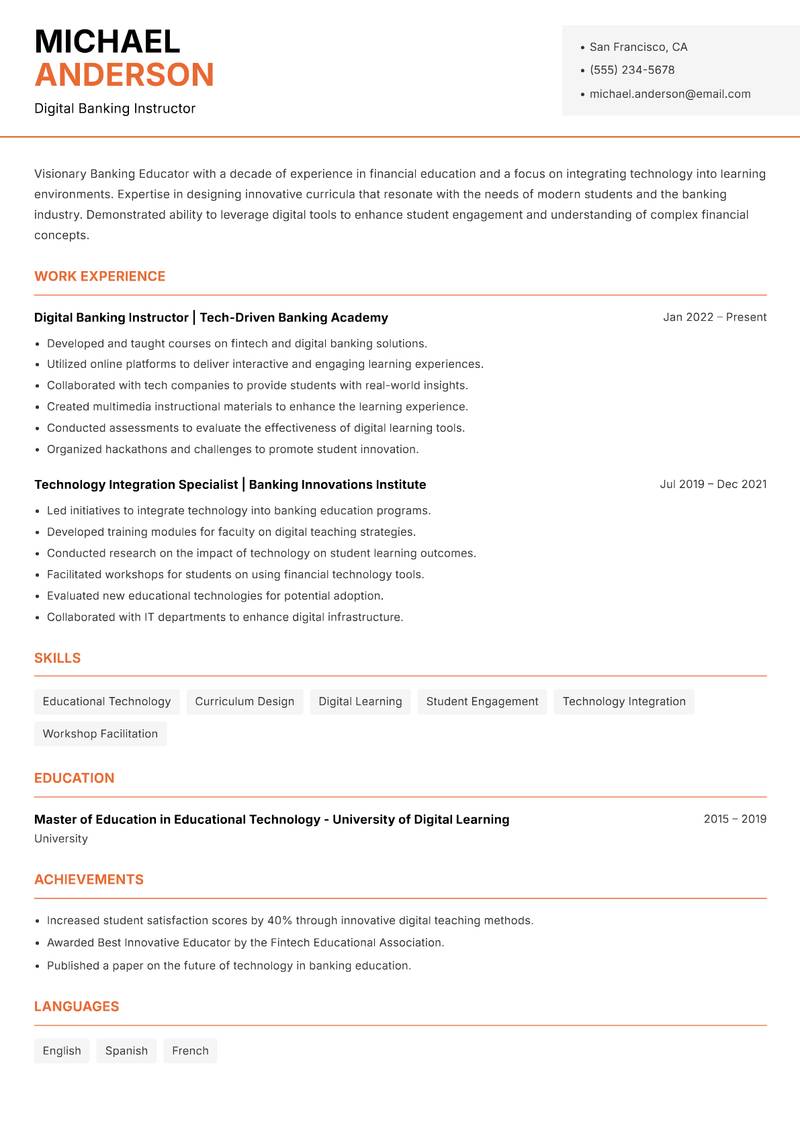 Banking Educator resume sample — Digital Banking Instructor focus