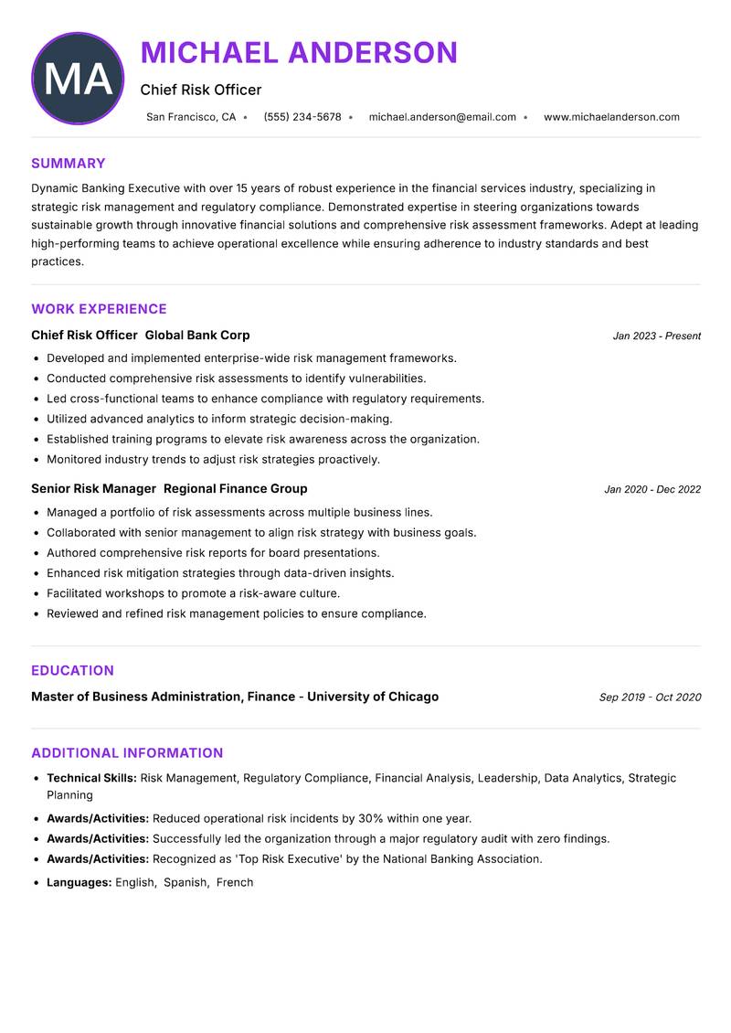 Banking Executive resume example