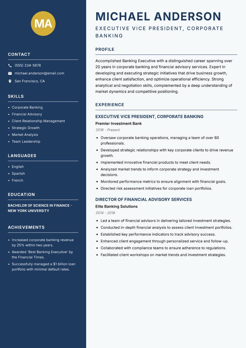 Banking Executive resume sample — Executive Vice President, Corporate Banking focus