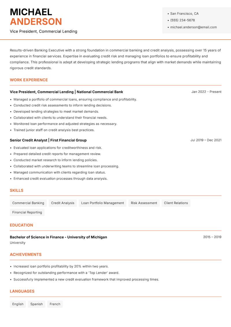 Banking Executive resume sample — Vice President, Commercial Lending focus