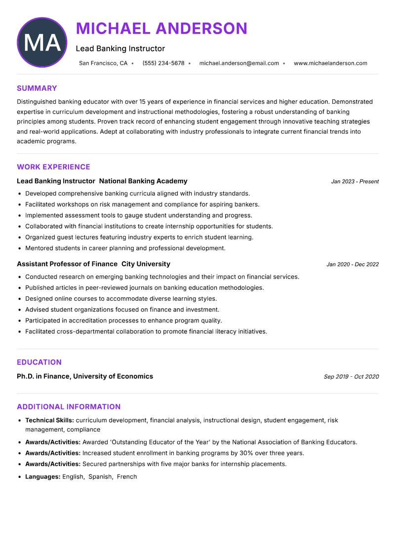 Banking Instructor resume example