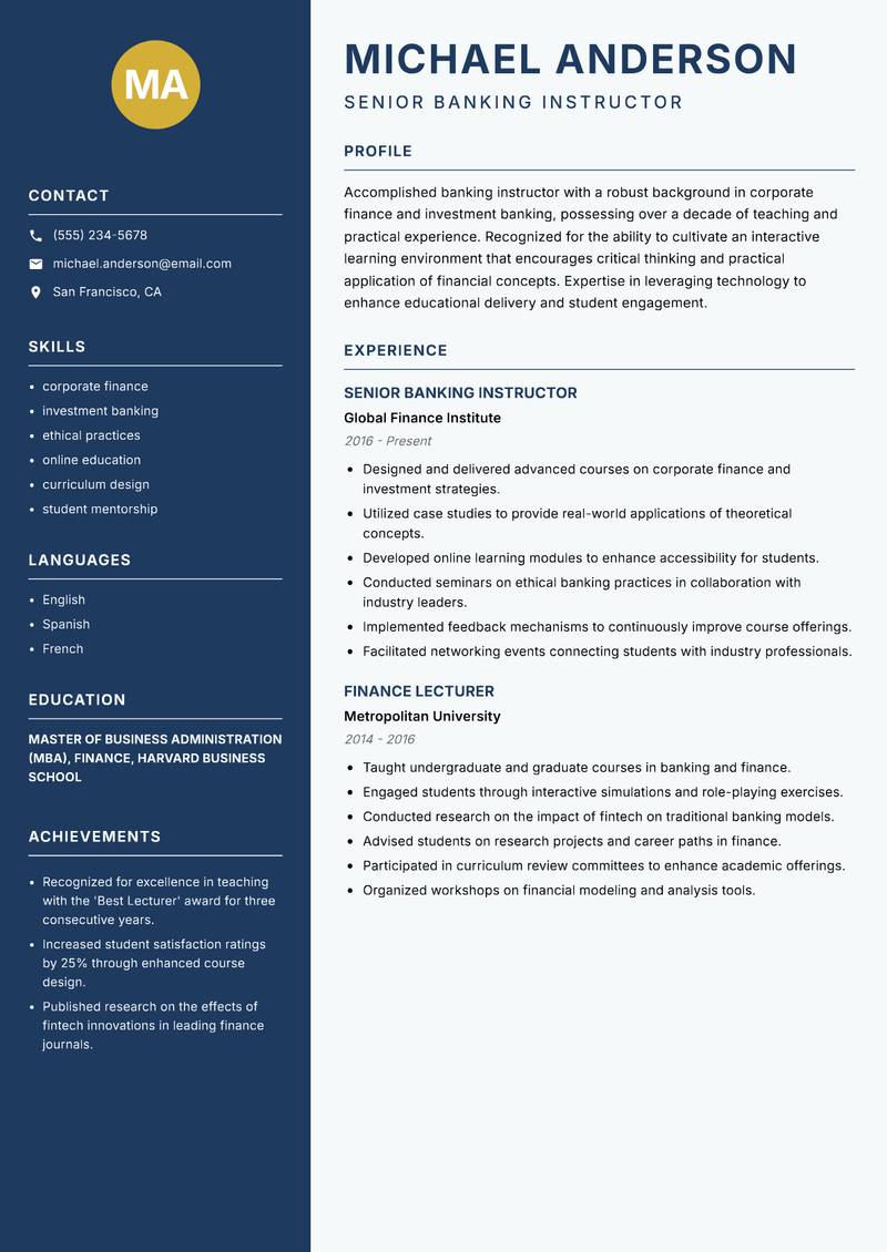 Banking Instructor resume sample — Senior Banking Instructor focus