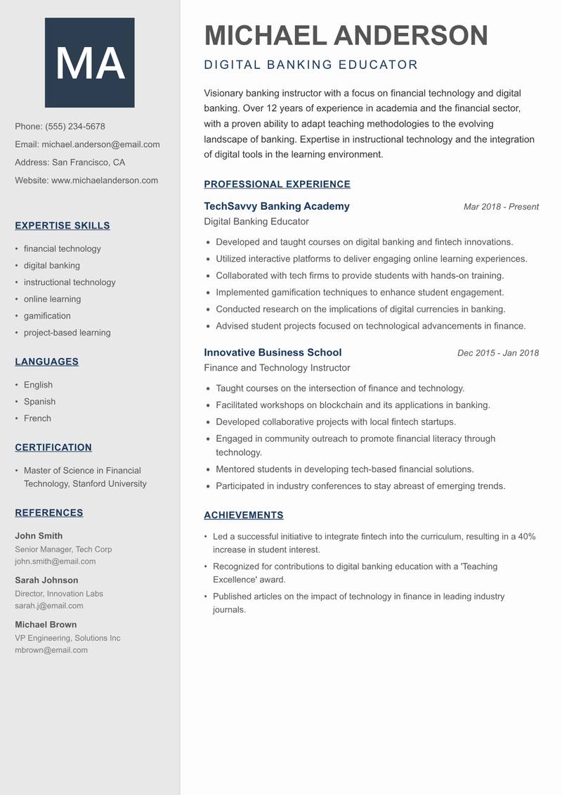 Banking Instructor resume sample — Digital Banking Educator focus