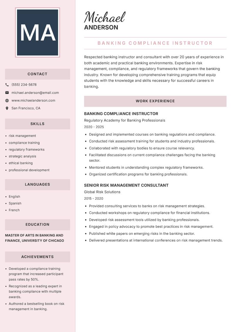 Banking Instructor resume sample — Banking Compliance Instructor focus