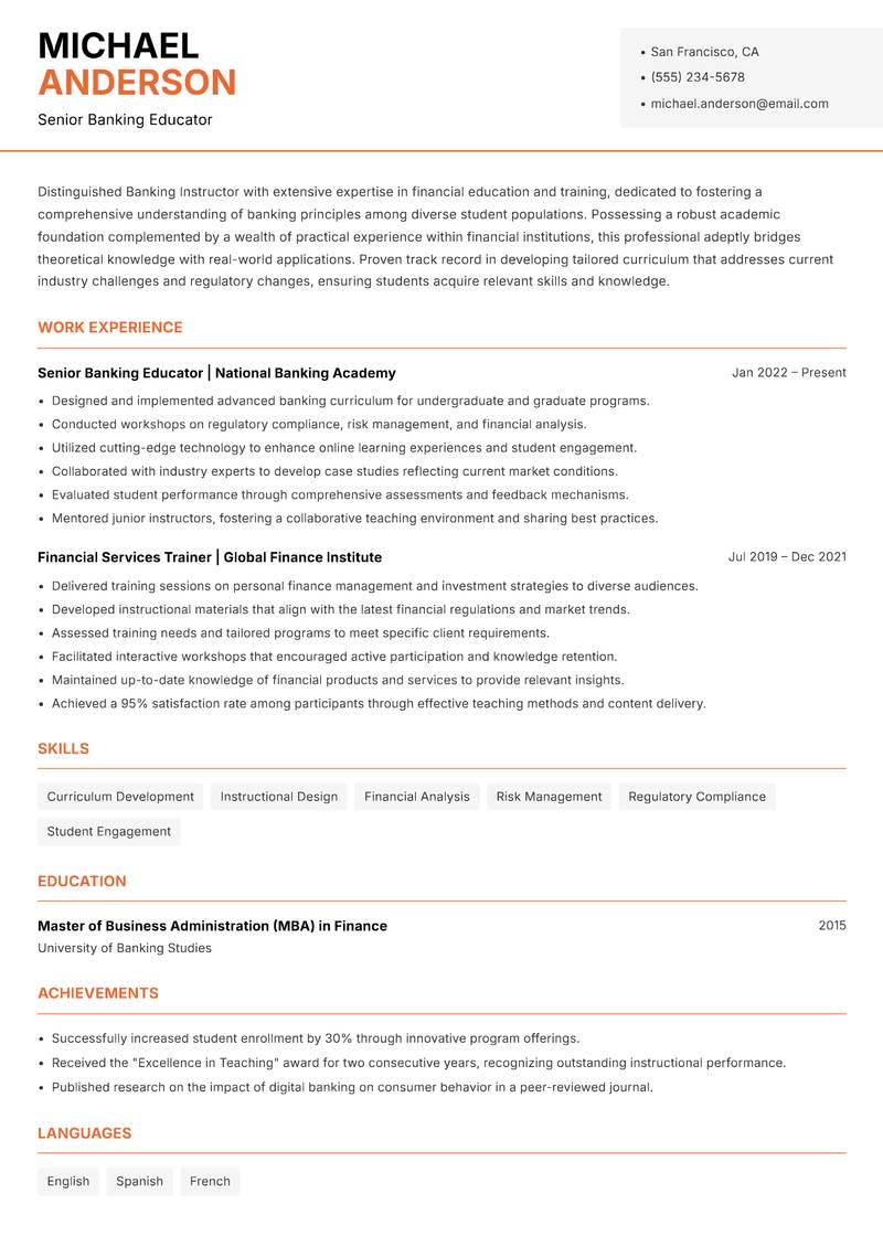 Banking Instructor resume sample — Senior Banking Educator focus