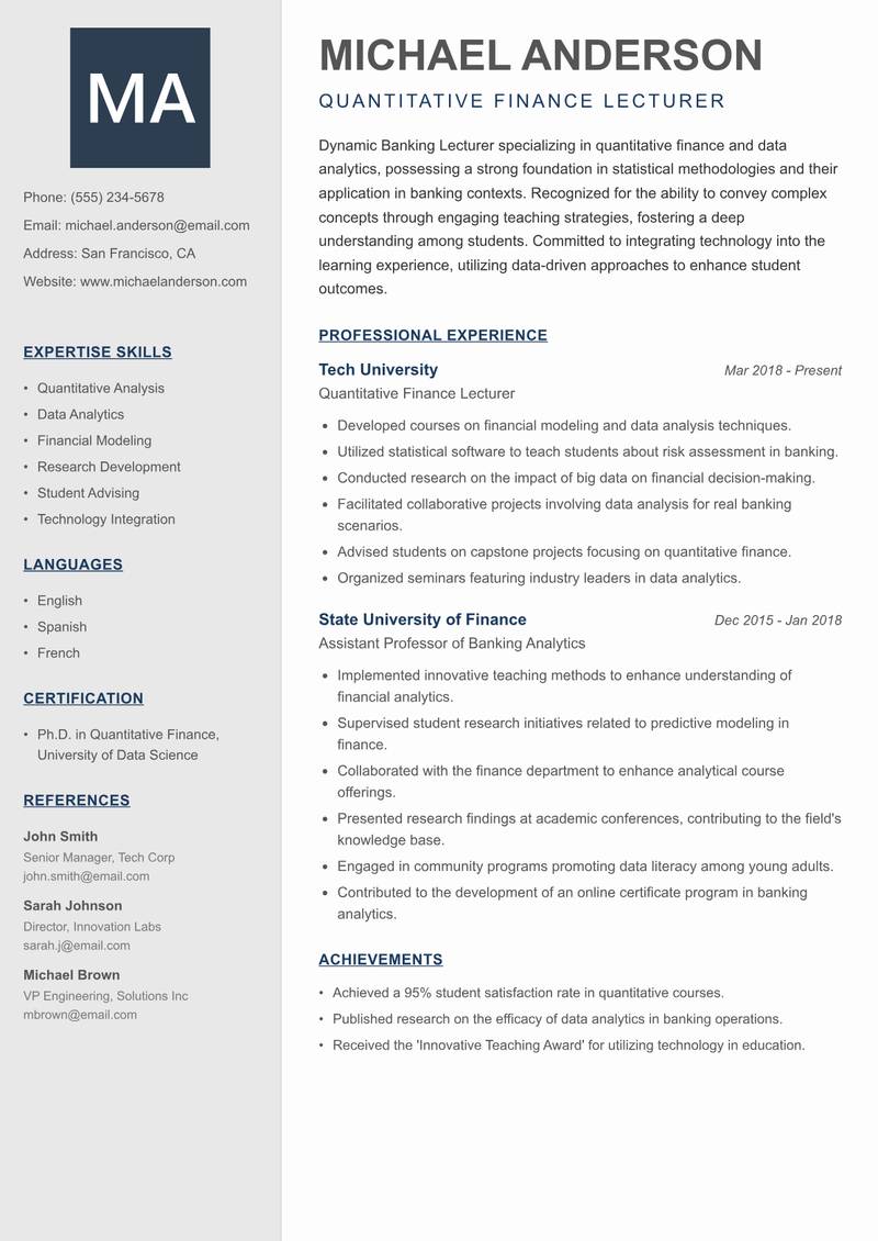 Banking Lecturer resume sample — Quantitative Finance Lecturer focus
