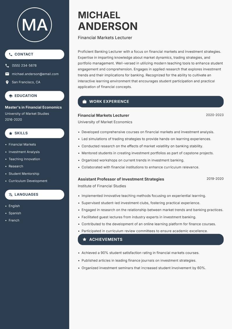 Banking Lecturer resume sample — Financial Markets Lecturer focus