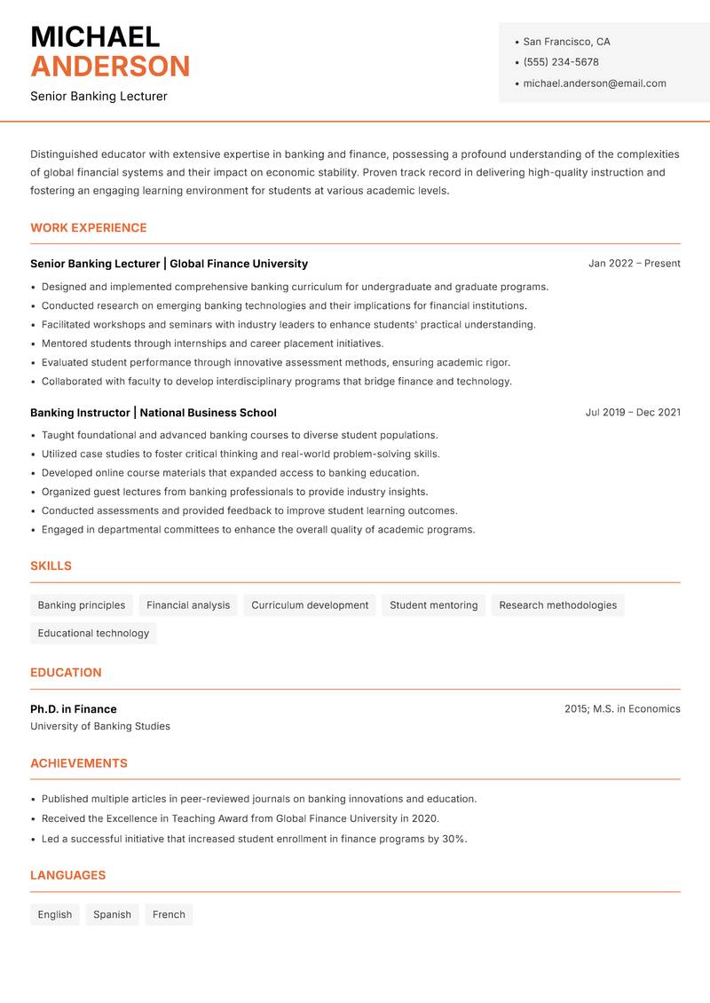 Banking Lecturer resume sample — Senior Banking Lecturer focus