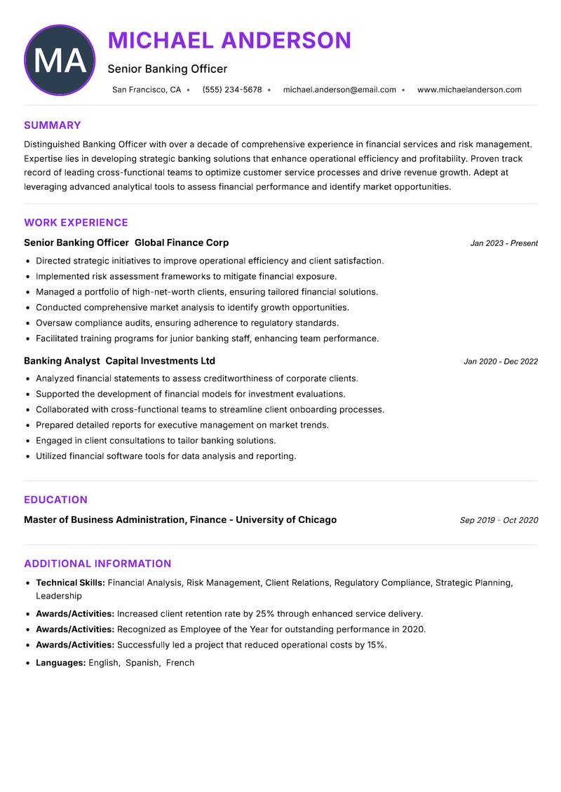 Banking Officer resume example