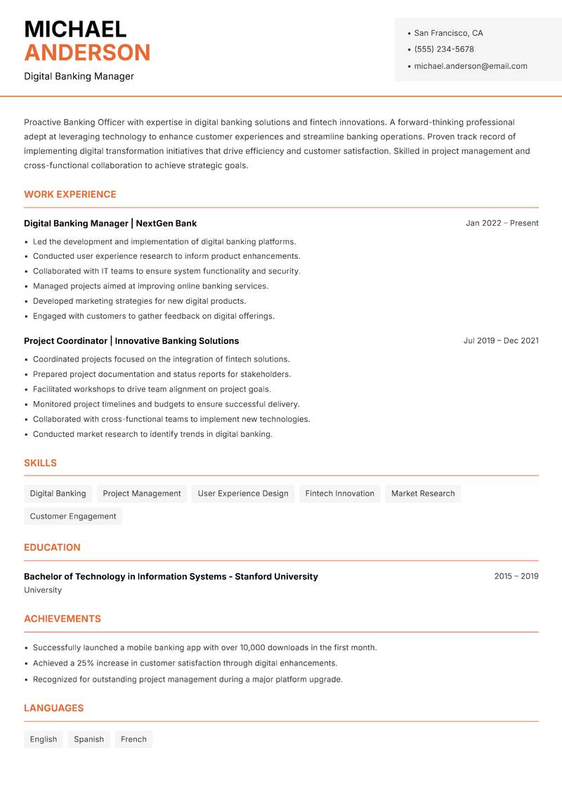 Banking Officer resume sample — Digital Banking Manager focus
