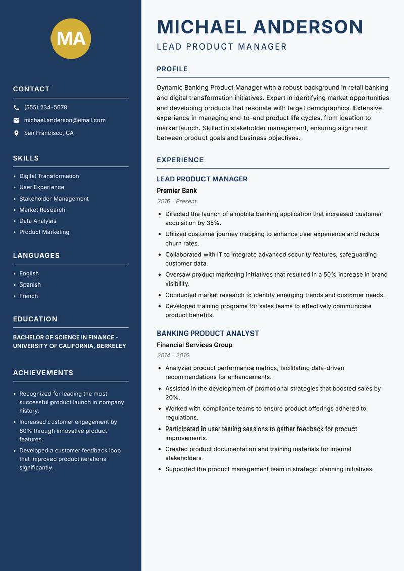Banking Product Manager resume sample — Lead Product Manager focus