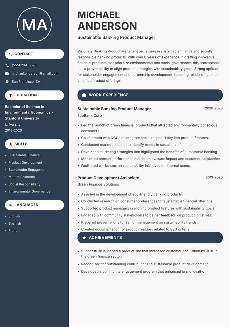 Banking Product Manager resume sample — Sustainable Banking Product Manager focus
