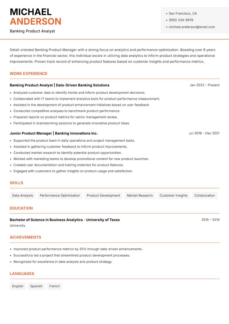 Banking Product Manager resume sample — Banking Product Analyst focus