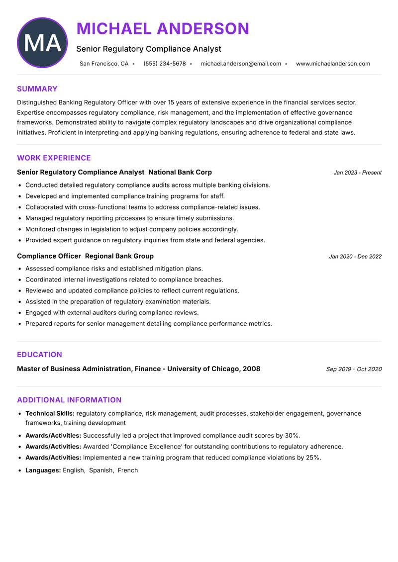 Banking Regulatory Officer resume example — Regulatory Affairs