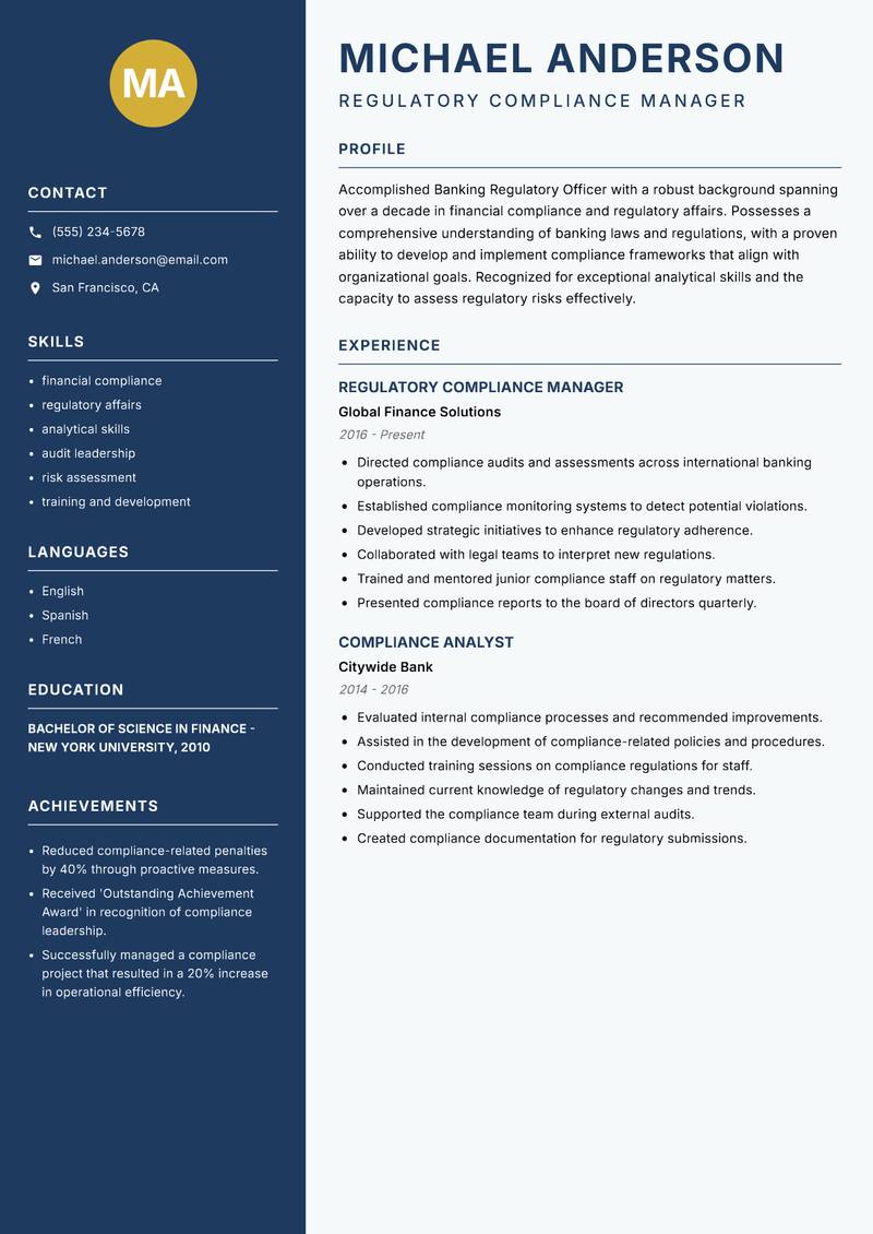Banking Regulatory Officer resume sample — Regulatory Compliance Manager focus