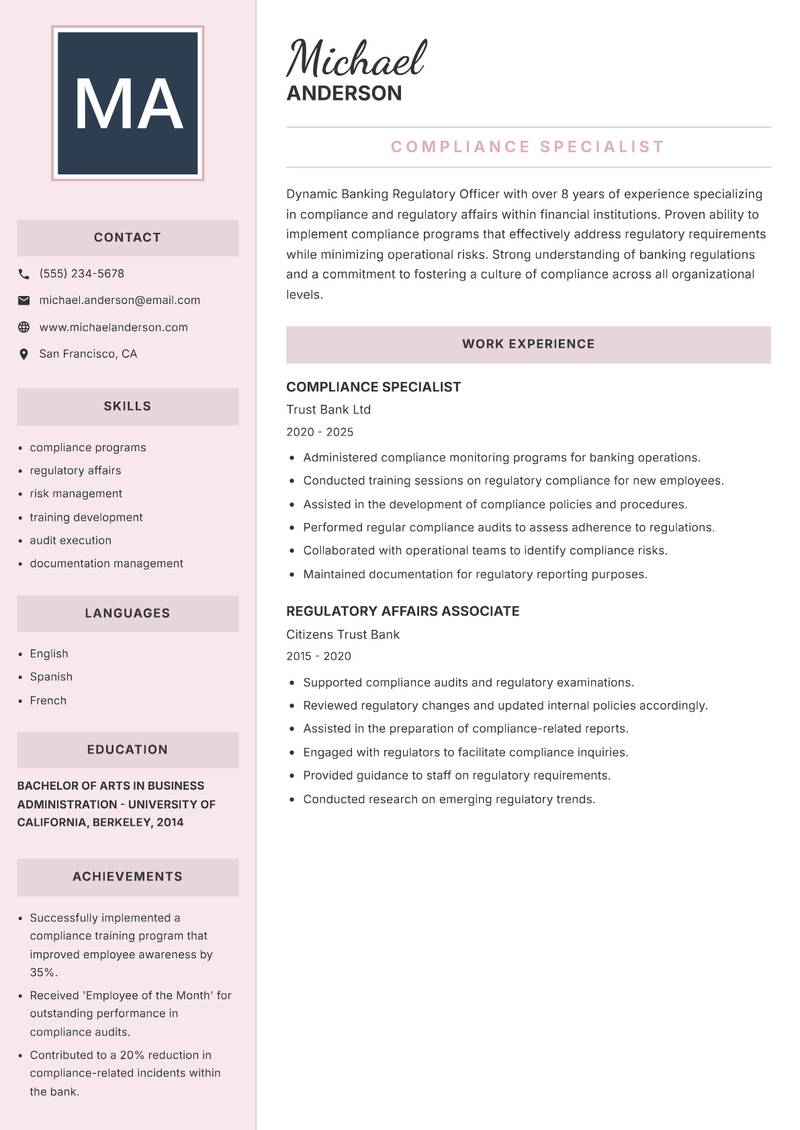 Banking Regulatory Officer resume sample — Compliance Specialist focus
