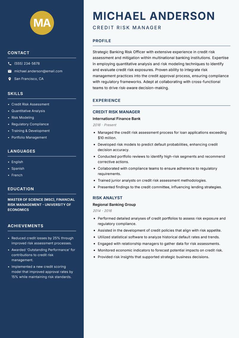 Banking Risk Officer resume sample — Credit Risk Manager focus