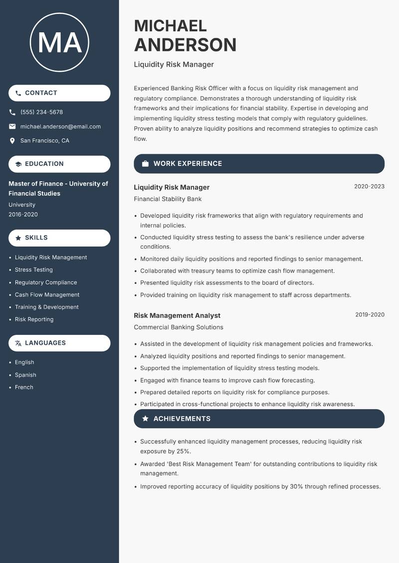 Banking Risk Officer resume sample — Liquidity Risk Manager focus
