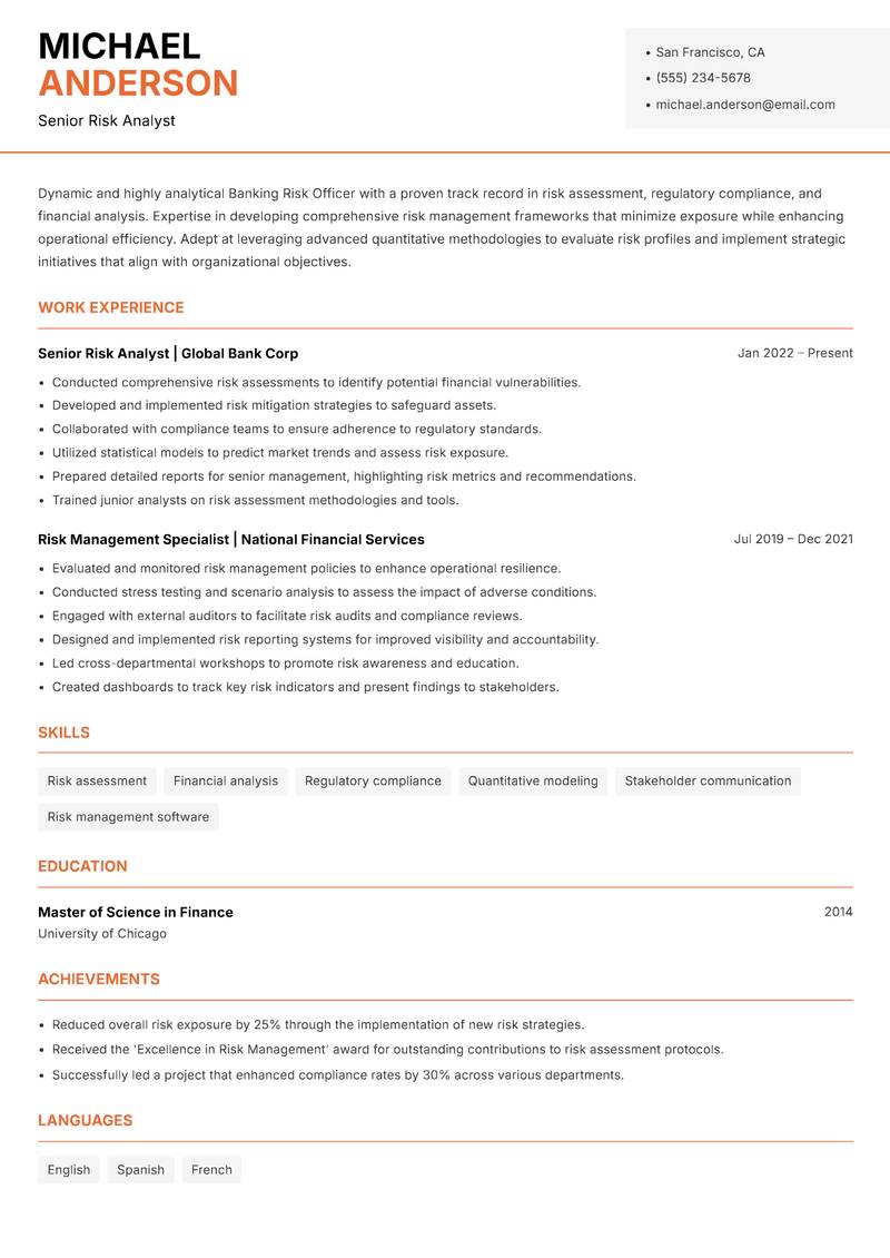 Banking Risk Officer resume sample — Senior Risk Analyst focus