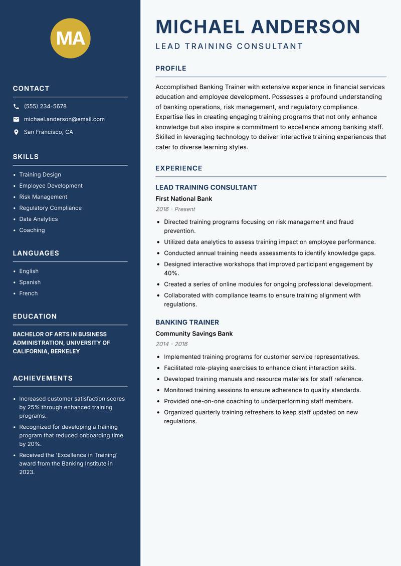 Banking Trainer resume sample — Lead Training Consultant focus