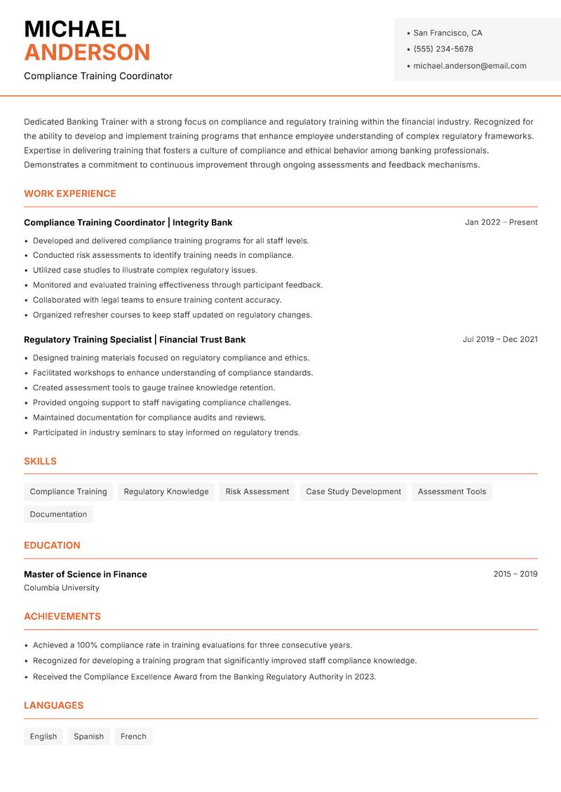 Banking Trainer resume sample — Compliance Training Coordinator focus