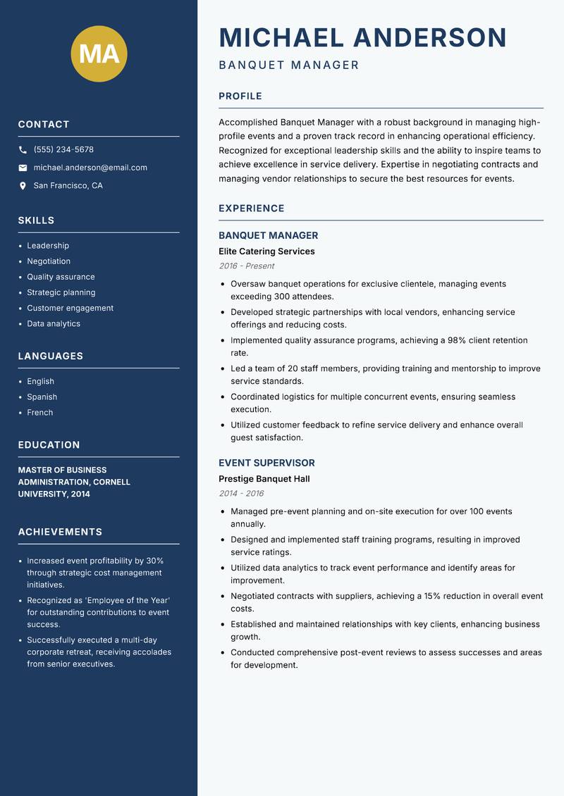 Banquet Manager resume sample — Banquet Manager focus