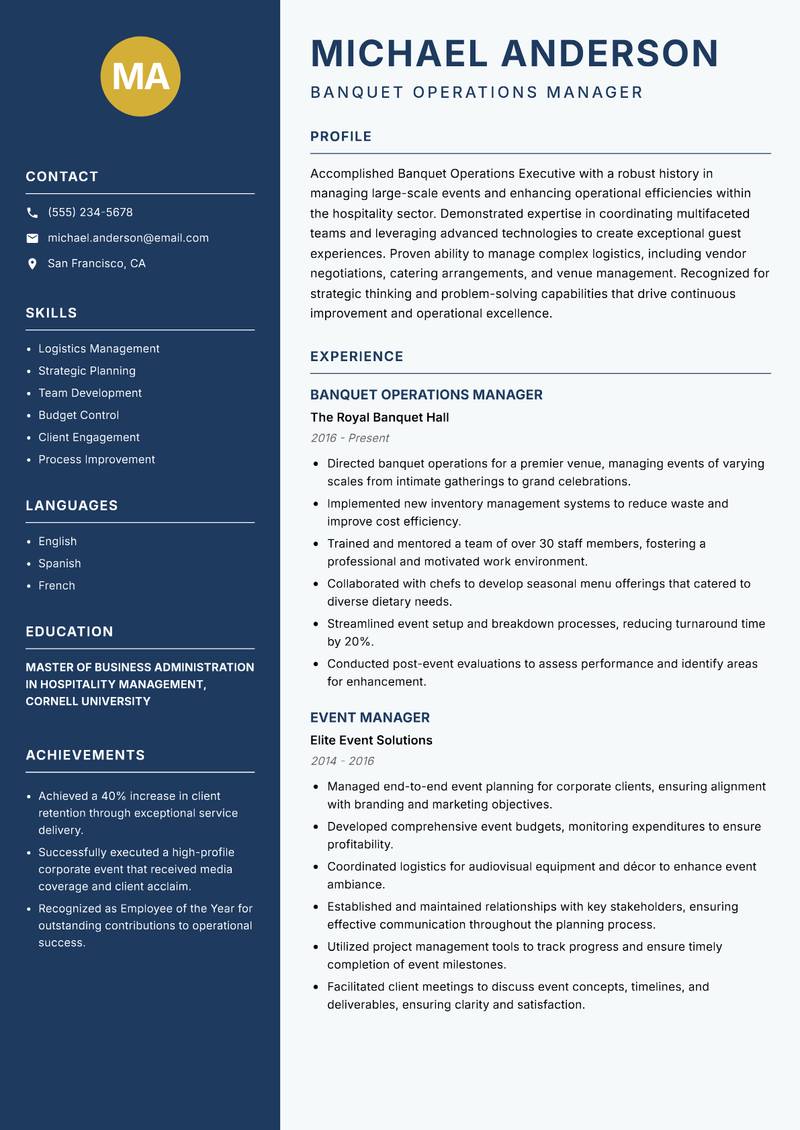 Banquet Operations Executive resume sample — Banquet Operations Manager focus