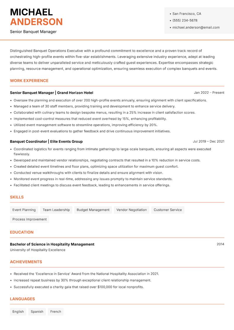 Banquet Operations Executive resume sample — Senior Banquet Manager focus