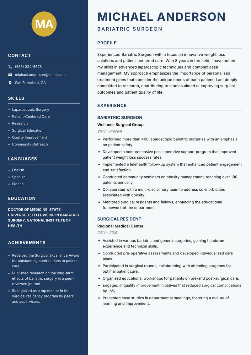 Bariatric Surgeon resume sample — Bariatric Surgeon focus