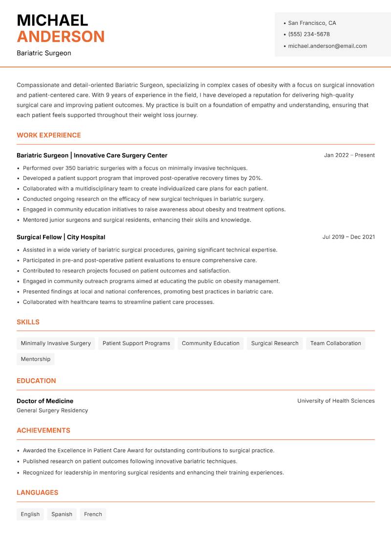 Bariatric Surgeon resume sample — Bariatric Surgeon focus