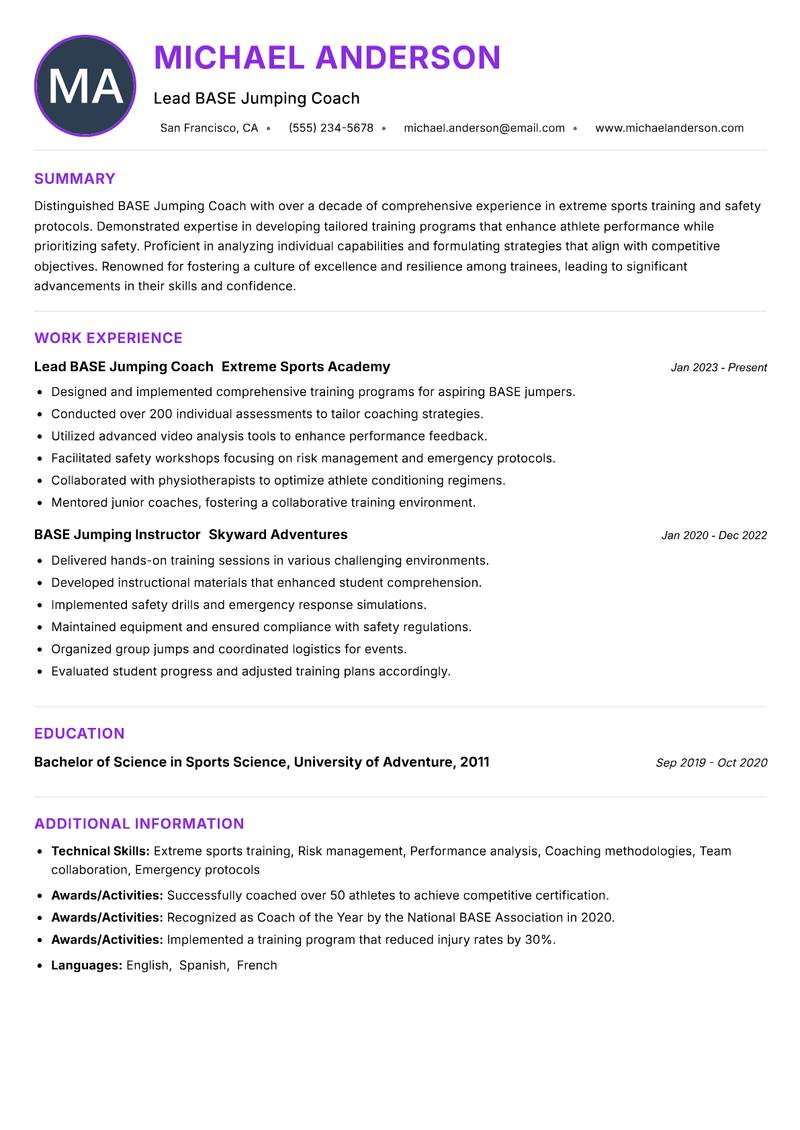BASE Jumping Coach resume example