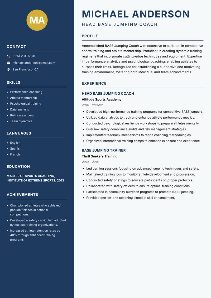 BASE Jumping Coach resume sample — Head BASE Jumping Coach focus