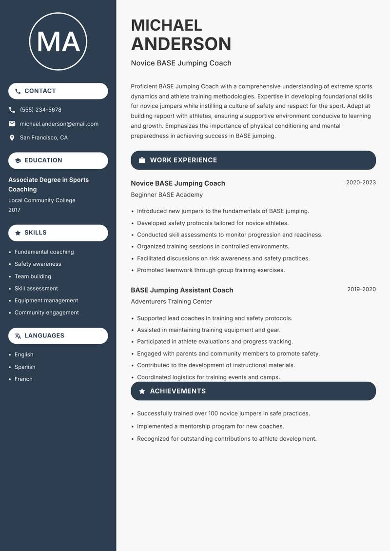 BASE Jumping Coach resume sample — Novice BASE Jumping Coach focus