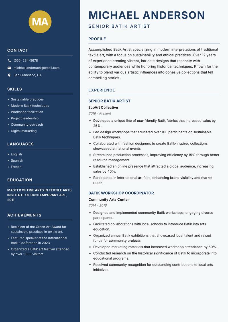 Batik Artist resume sample — Senior Batik Artist focus