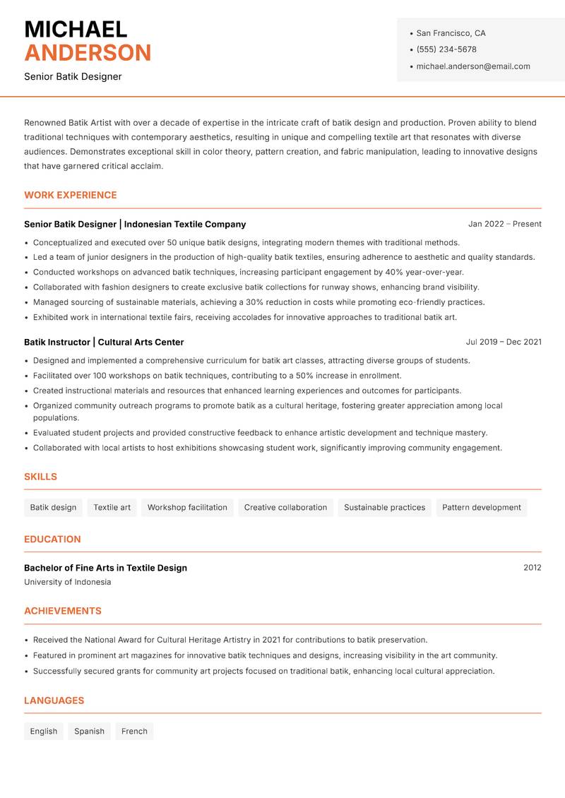 Batik Artist resume sample — Senior Batik Designer focus