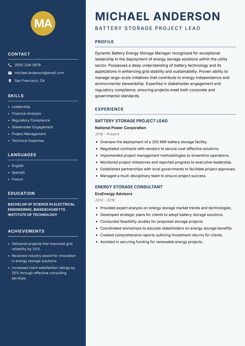 Battery Energy Storage Manager resume sample — Battery Storage Project Lead focus