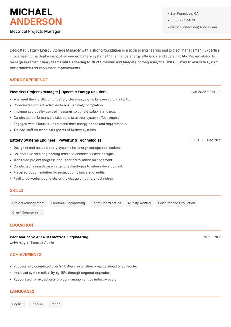 Battery Energy Storage Manager resume sample — Electrical Projects Manager focus