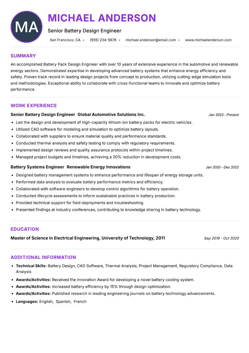 Battery Pack Design Engineer resume example