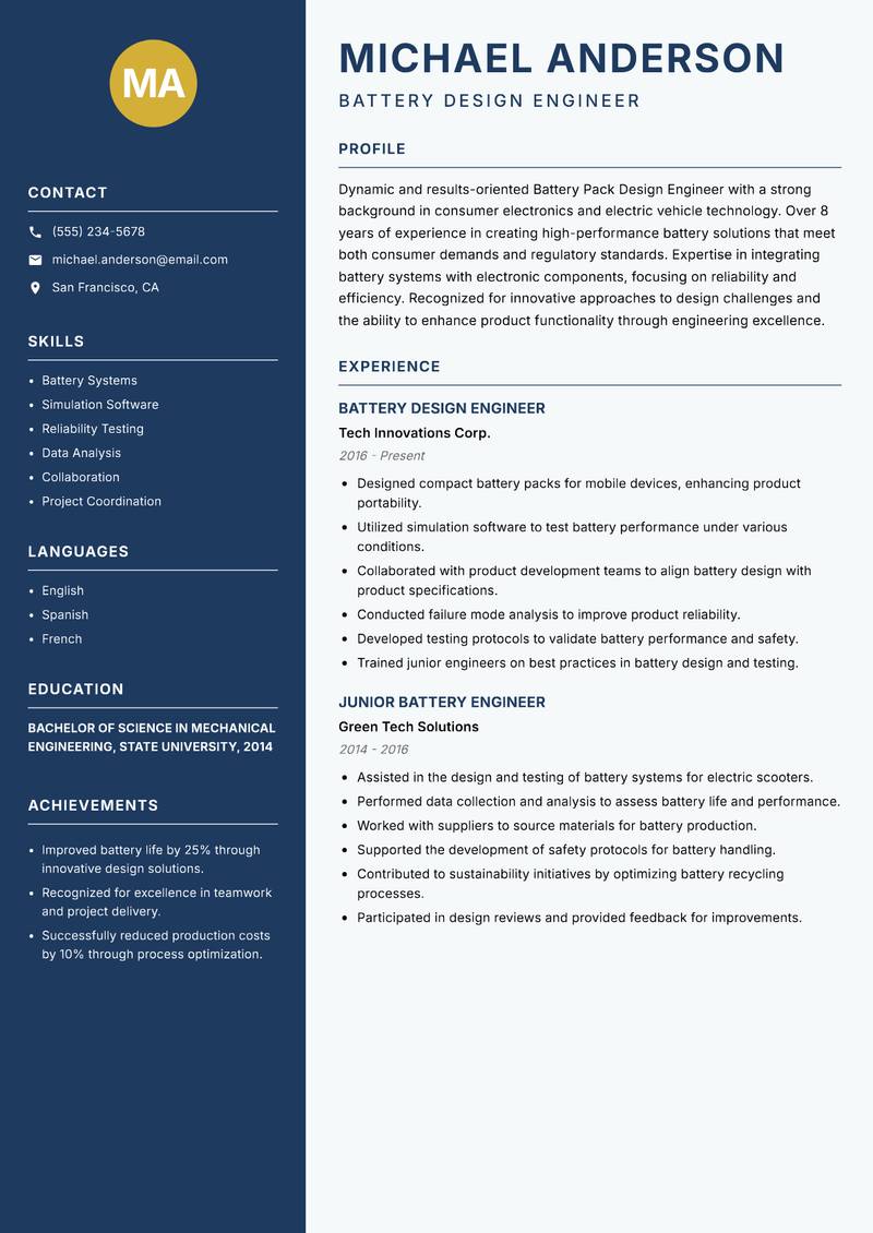 Battery Pack Design Engineer resume sample — Battery Design Engineer focus