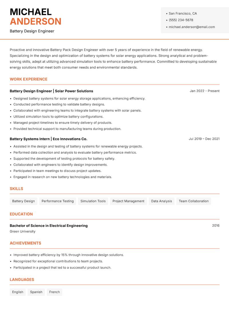 Battery Pack Design Engineer resume sample — Battery Design Engineer focus