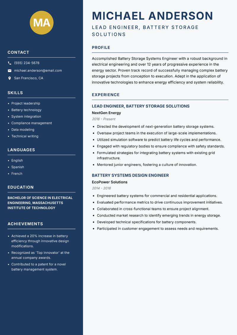 Battery Storage Systems Engineer resume sample — Lead Engineer, Battery Storage Solutions focus
