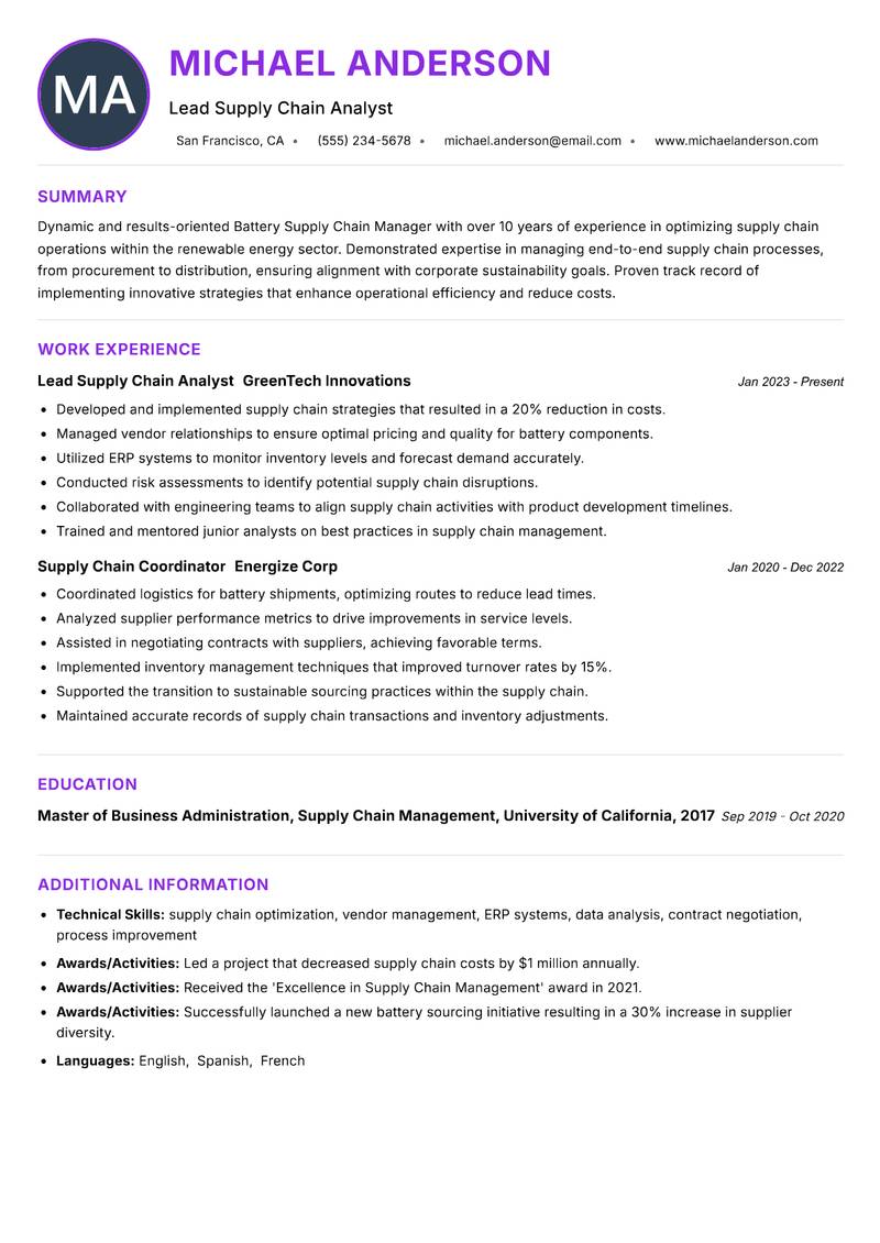 Battery Supply Chain Manager resume example
