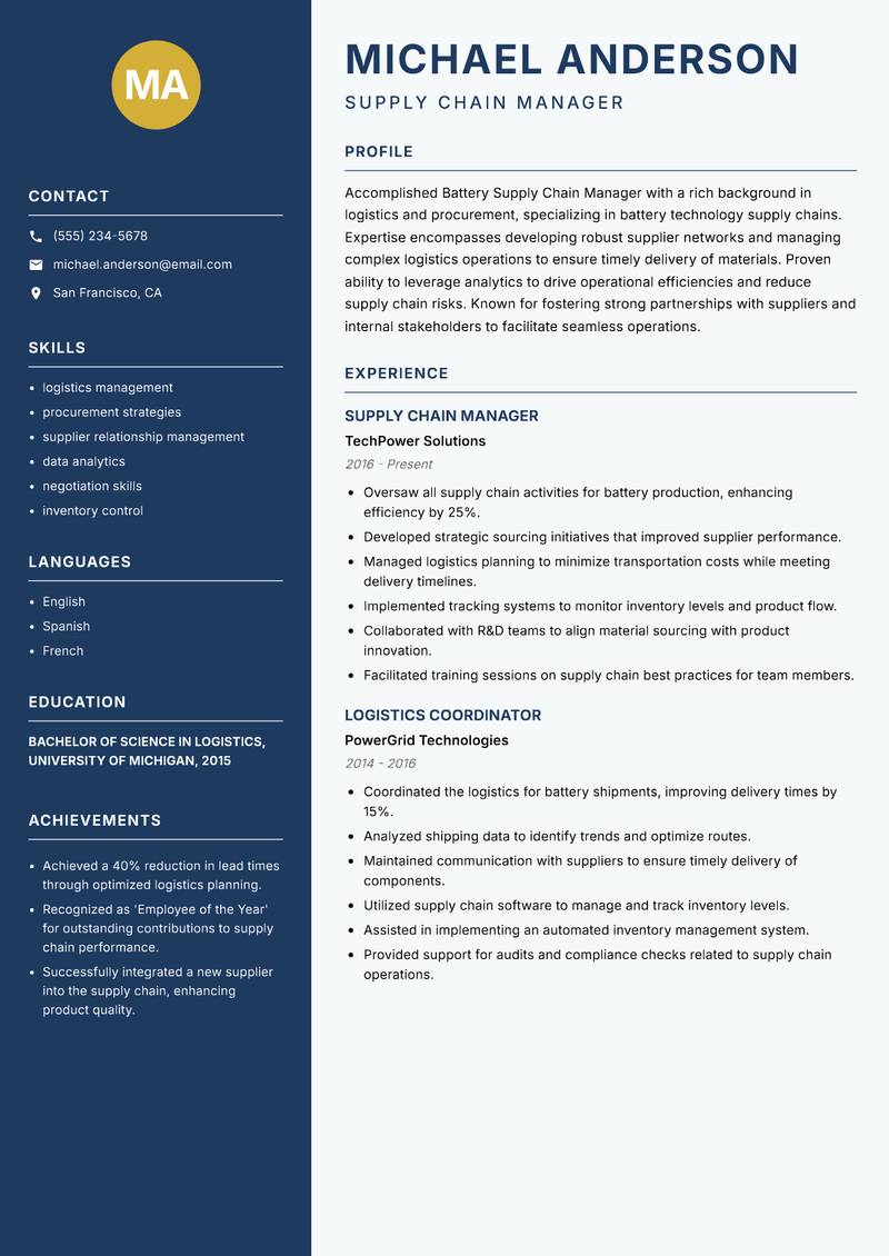 Battery Supply Chain Manager resume sample — Supply Chain Manager focus