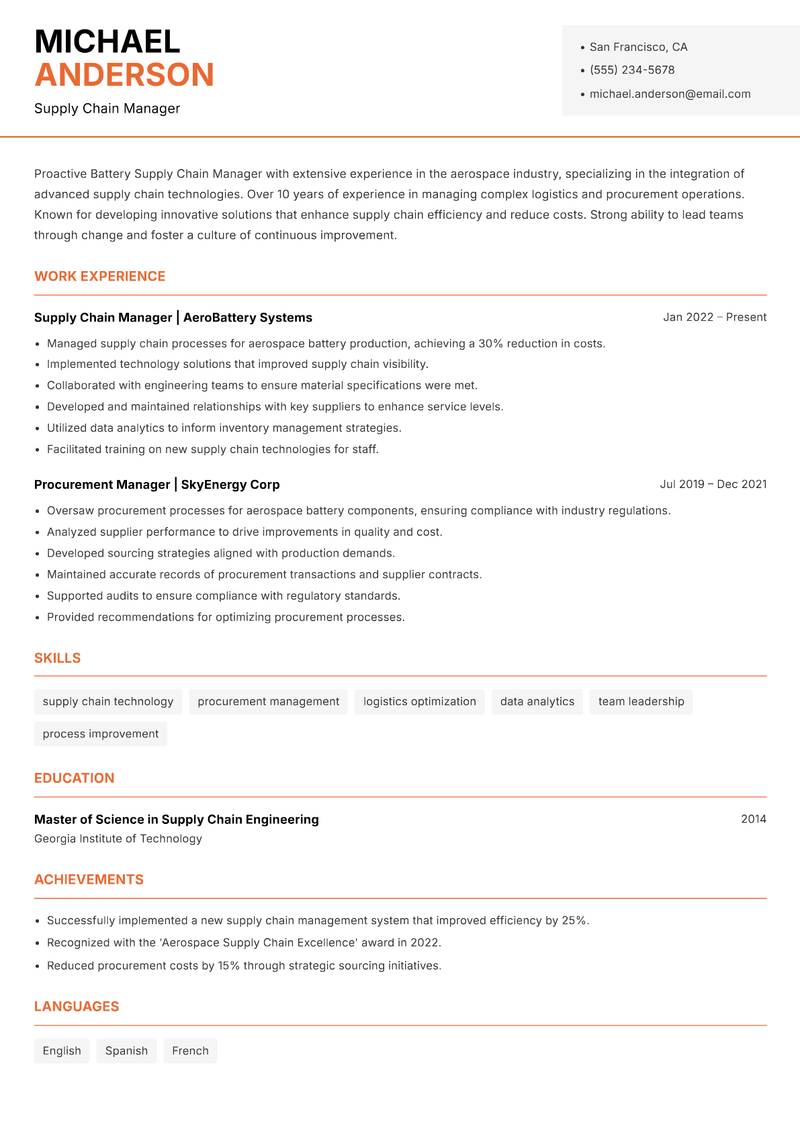 Battery Supply Chain Manager resume sample — Supply Chain Manager focus