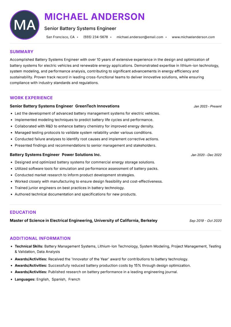 Battery Systems Engineer resume example