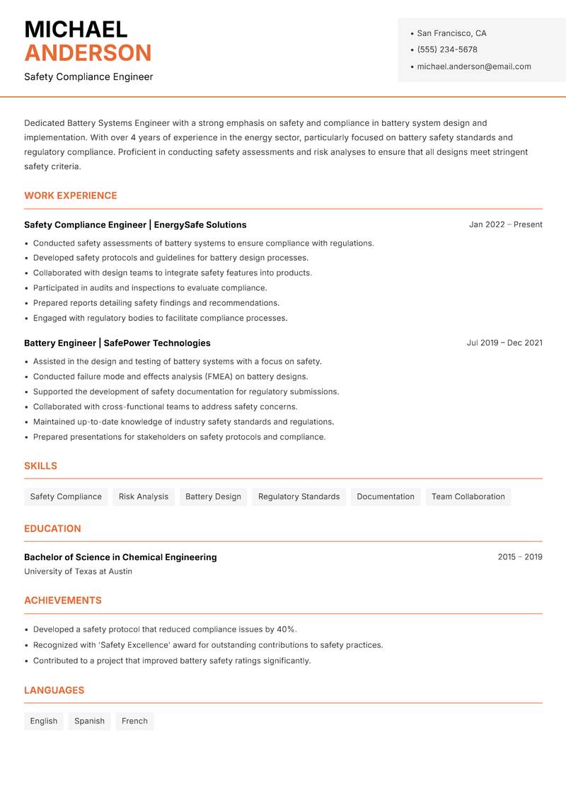 Battery Systems Engineer resume sample — Safety Compliance Engineer focus