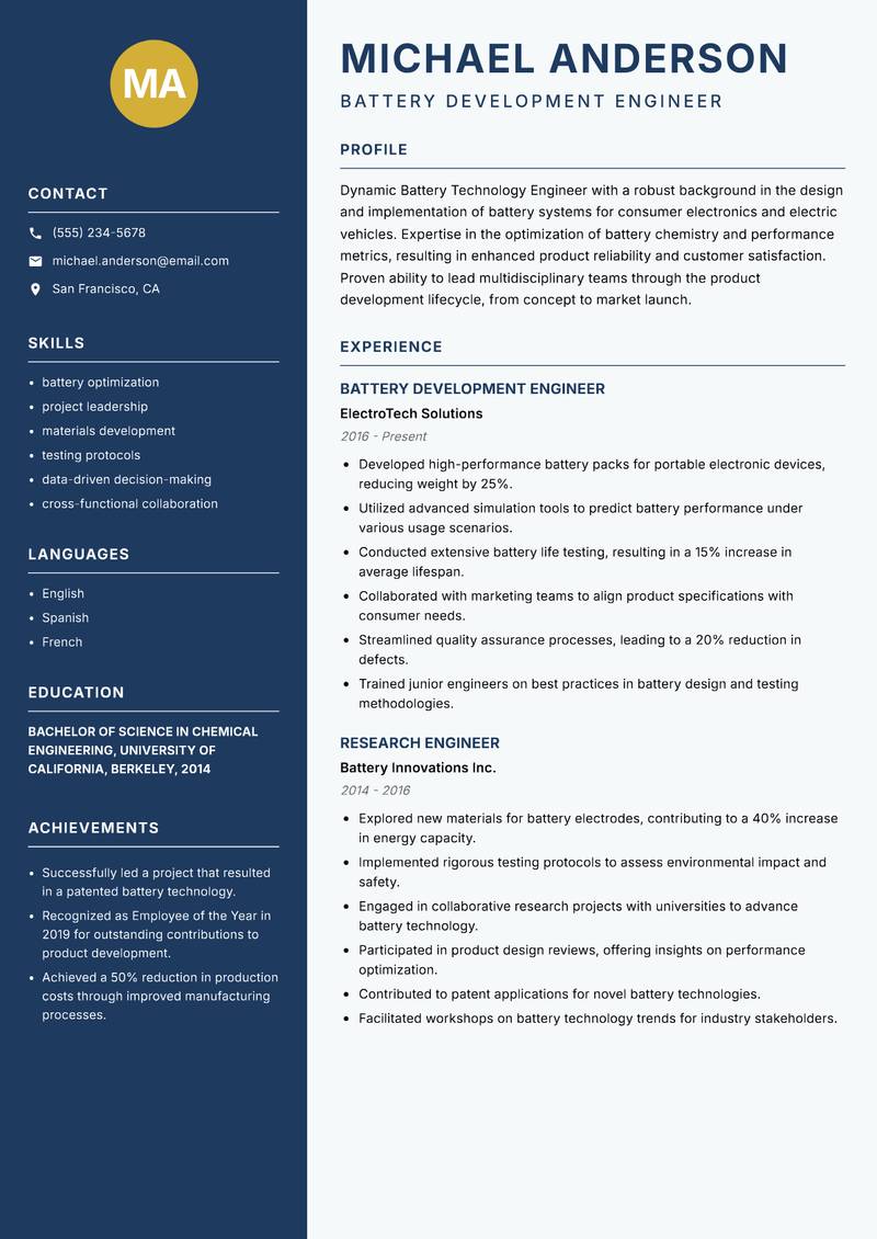 Battery Technology Engineer resume sample — Battery Development Engineer focus